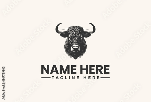 A black and white illustration of a bison head with horns and a placeholder text for a name and tagline on a beige background, with a vector logo design.