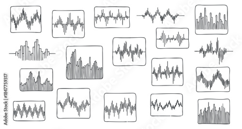 A collection of sound waveforms in minimalist black and white vector style, ideal for audio-related projects and designs