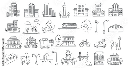 A collection of various buildings, trees, and vehicles in outline style, ideal for urban planning and design projects