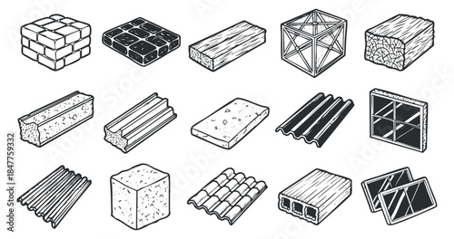 A collection of various building materials including bricks, wooden blocks, and geometric structures in black and white outline vector style, perfect for architectural design and construction projects