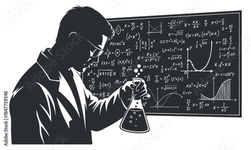 A silhouette of a scientist holding a beaker in black and white vector style, ideal for educational and scientific projects