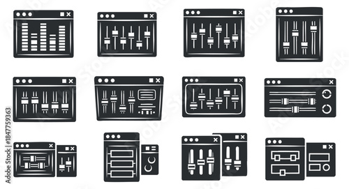 A collection of audio control interface icons in black and white vector style, suitable for music and sound design applications