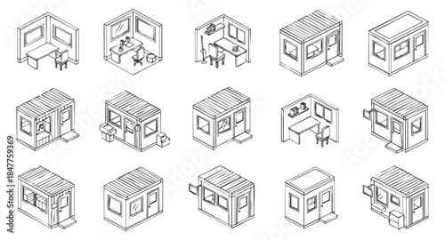 A collection of line drawings depicting various architectural designs and room layouts in minimalist vector style, suitable for interior design projects