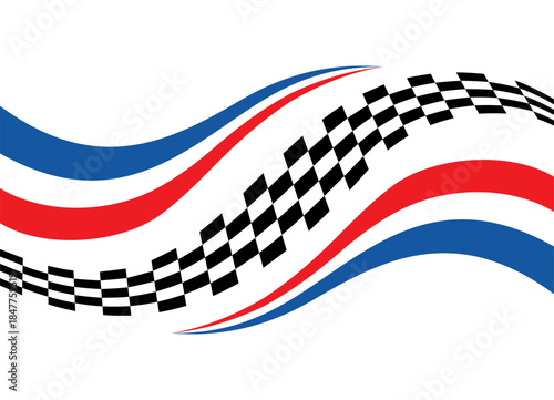 Vector sports pattern in the style of a checkered flag. Wave of pixels. Red, white and blue. Pattern for covers, advertising, posters. Auto racing. Competition. ribbon. Speed. Wave