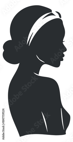 A silhouette of a woman in profile with elegant hair and headband in a minimalist black vector style, perfect for beauty and fashion branding