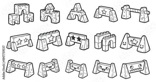 A collection of playful building blocks and structures in cartoon outline vector style, perfect for educational and children's designs