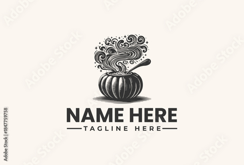 A black and white vector illustration of a logo featuring a cauldron with swirling smoke and a spoon, set against a clean white background with space for a name and tagline.