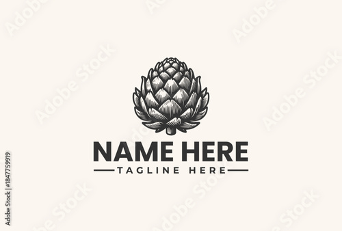 Black and white vector illustration of a stylized artichoke logo with 'NAME HERE' and 'TAGLINE HERE' text on a clean white background.