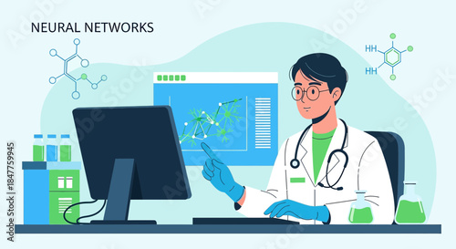 Scientist analyzing neural networks data on computer screen in laboratory setting