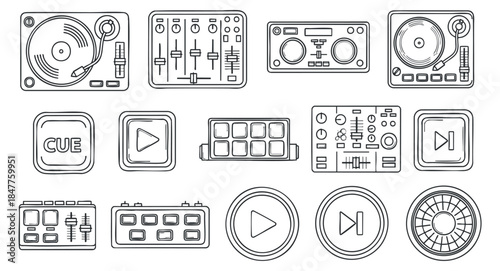 A collection of music-related icons including turntables, audio mixers, and control buttons in minimalist outline vector style, perfect for music production design
