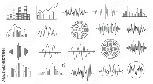 A collection of sound wave and music visualization icons in clean black and white outline vector style, suitable for audio technology projects