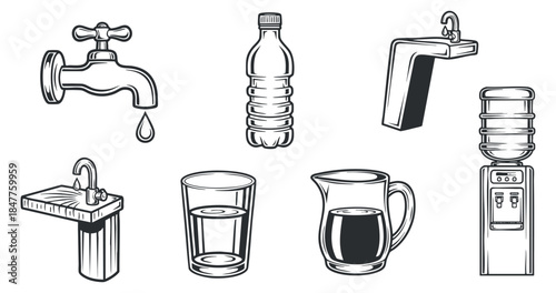 A collection of water-related icons including a faucet, bottle, glass, pitcher, and dispenser in minimalist black and white vector style, suitable for health and wellness projects