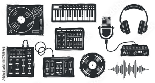A collection of music production equipment including turntable, keyboard, microphone, and headphones in flat black and white vector style, ideal for music-related projects
