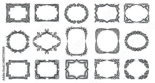 A collection of decorative frames and borders in black and white vector style, perfect for invitations and design projects