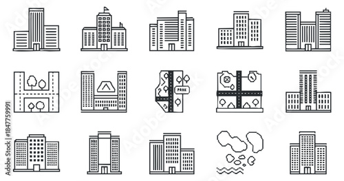 A collection of various building icons including skyscrapers, offices, and parks in a clean outline vector style, ideal for urban planning projects