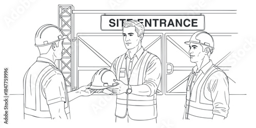 A construction site scene with workers exchanging a helmet in minimalist outline vector style, ideal for safety training and industry illustrations