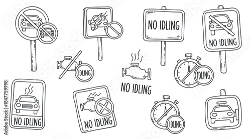 A collection of no idling signs and symbols in black and white outline vector style, ideal for urban transportation design and safety regulations