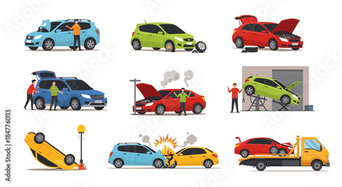 Car Accident and Auto Repair Set with Crashed Vehicles Tow Truck and Service