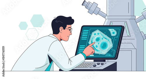 Scientist examining cellular structure on a screen near a microscope using advanced technology