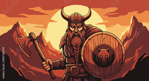Powerful Viking Warrior with Battle Axe and Shield in Mountain Landscape