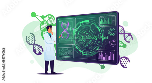Scientist examining complex DNA data visualization interface for genetic research innovation