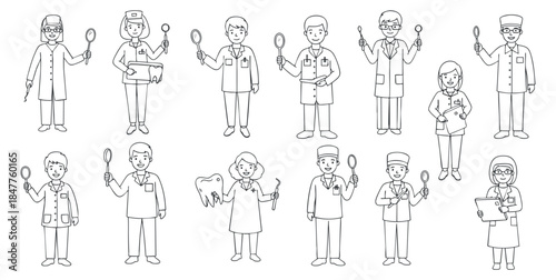 A collection of healthcare professionals and doctors illustrated in black and white outline vector style, ideal for medical and healthcare projects