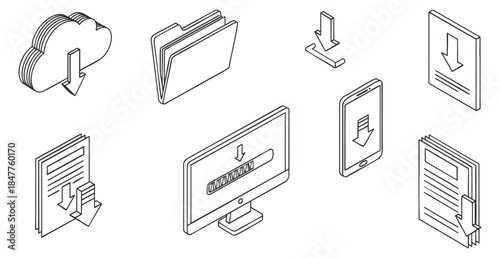 A collection of download icons including cloud, folders, smartphone, and documents in minimalist outline vector style, suitable for technology and digital applications