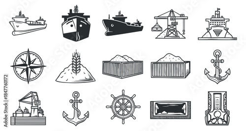 A collection of nautical-themed icons including ships, anchors, compasses, and cargo containers in a clean black and white vector style, ideal for maritime design projects