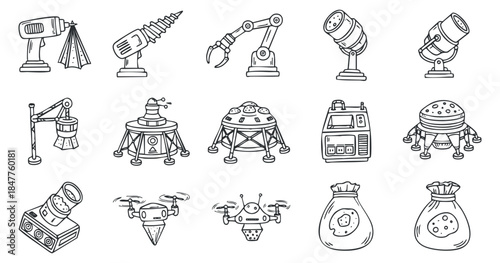 A collection of space-themed technology icons including rockets, drones, and exploration tools in black and white outline vector style, ideal for educational materials and tech design