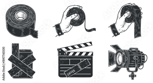 A collection of gaffer tape, hands holding tape, a clapperboard, and a spotlight in black and white vector style, ideal for film production and cinema design