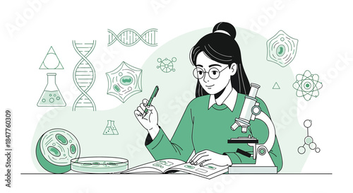 Scientist exploring cell biology concepts with microscope and textbook studying in the laboratory