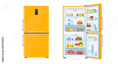 Modern Yellow Refrigerator Set with Open and Closed Fridge Full of Food