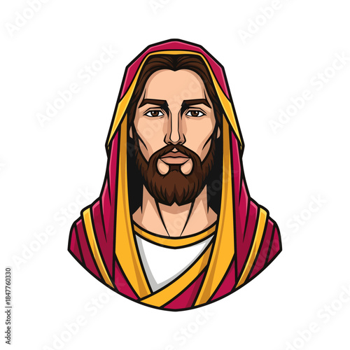 Jesus Christ Portrait Mascot Vector Illustration with Beard and Red Robe