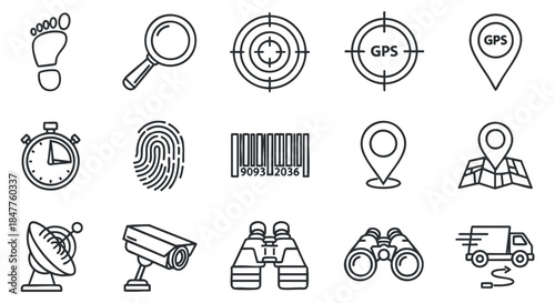 A collection of icons including a footprint, magnifying glass, GPS, barcode, and binoculars in outline vector style, suitable for technology and navigation themes