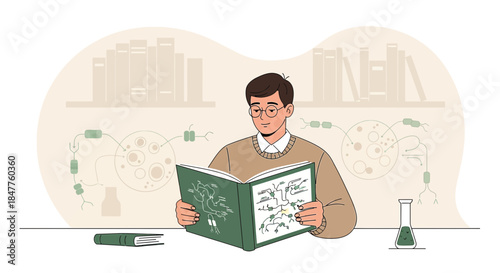 Scientist immersed in molecular biology research studies, reading detailed books in laboratory