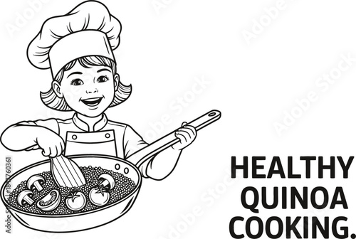 Line Art Vector Illustration of a Happy Young Girl Chef Stirring Healthy Quinoa and Mushrooms in a Skillet, Promoting Nutrition and Home Cooking.