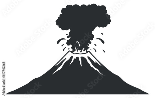 A volcanic eruption with smoke and ash in black and white vector style, ideal for educational materials and environmental projects