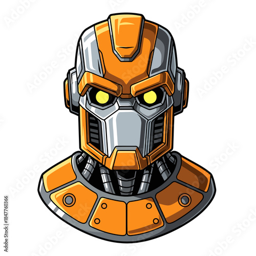 Robot Head Portrait with Orange Armor and Yellow Glowing Eyes Vector Illustration