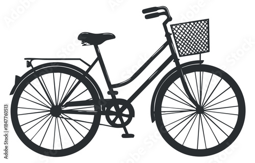 A minimalist black and white vector illustration of a bicycle with a basket, suitable for outdoor and transportation themes