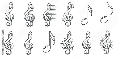 A collection of musical notes and clefs in black outline minimalist vector style, suitable for music-themed designs and projects