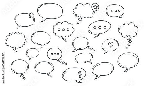 A collection of various speech and thought bubbles in black outline vector style, perfect for messaging apps and creative projects