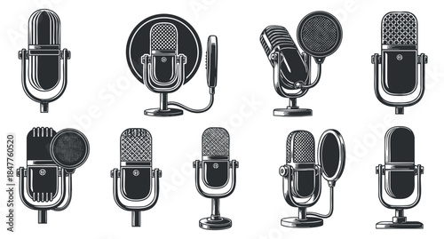 A collection of various microphone designs in black and white vector style, perfect for audio and music-related projects