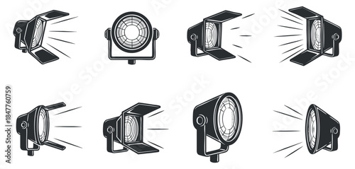A collection of spotlight and floodlight icons in black and white minimalist vector style, ideal for design projects and theater applications