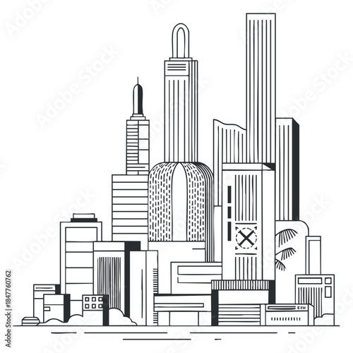A modern city skyline illustration featuring tall buildings and skyscrapers in minimalist black and white vector style, ideal for urban design projects.