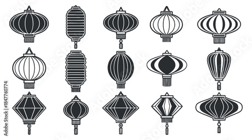 A collection of various traditional lantern designs in black and white outline vector style, ideal for cultural celebrations and festivals