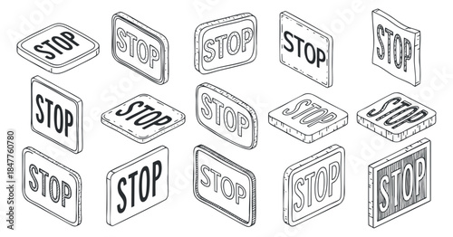 A collection of various stop signs in black and white outline vector style, suitable for traffic and safety designs