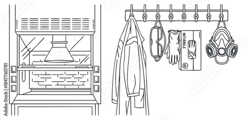 A kitchen hood and hanging safety gear including gloves and a gas mask in black and white line art vector style, suitable for home safety and cooking designs