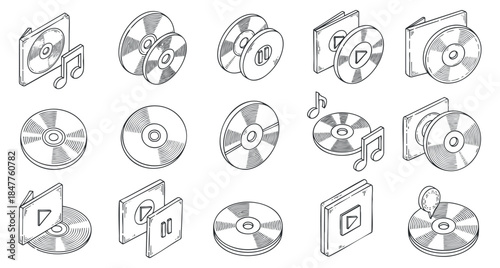 A collection of music-related icons featuring CDs, music notes, and playback symbols in clean outline vector style, perfect for music apps and digital media designs