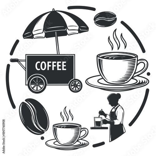 A coffee cart with an umbrella, steaming cups of coffee, and a barista serving in black and white vector style, suitable for café branding and coffee shop menus