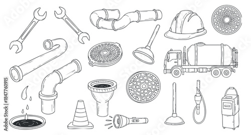 A collection of plumbing tools and equipment including pipes, wrenches, a truck, and safety gear in black and white outline style, suitable for construction and maintenance projects